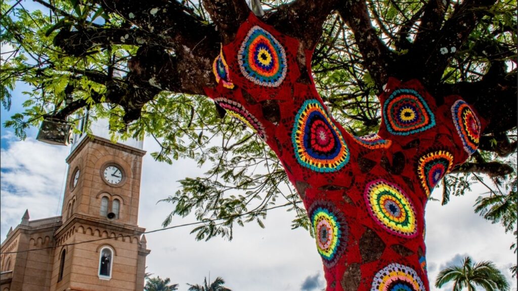 Árvores da Avenida central de Inconfidentes, Alvarenga Peixoto, recebem novos revestimentos em crochê