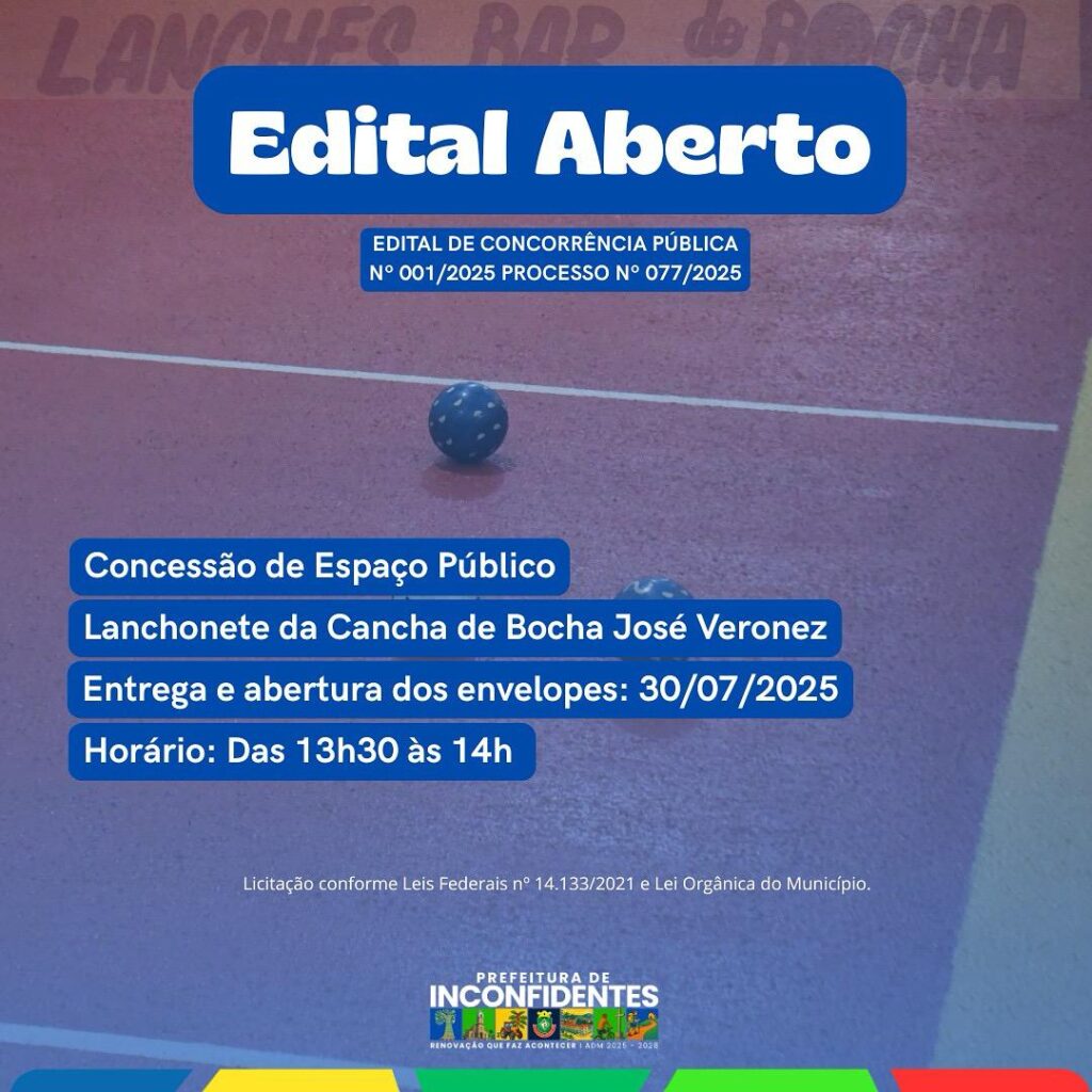 Prefeitura de Inconfidentes abre edital para concessão da Lanchonete da Cancha de Bocha