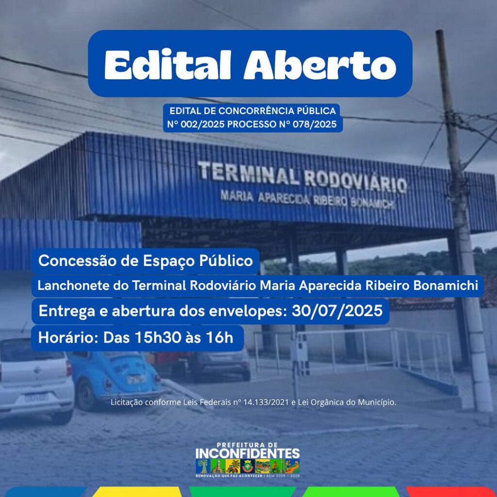 Prefeitura de Inconfidentes publica edital para concessão da Lanchonete da Rodoviária