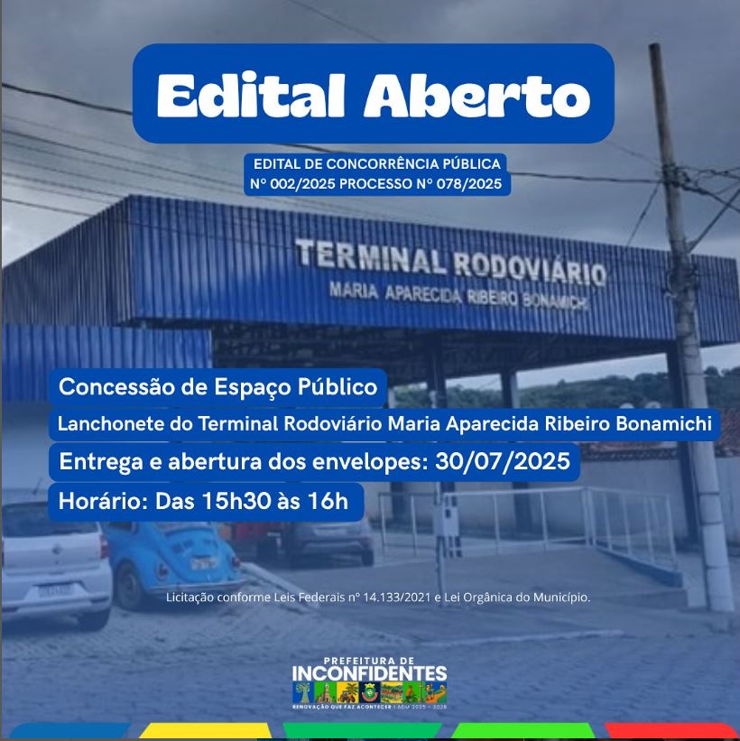 Prefeitura de Inconfidentes lança edital para concessão da Lanchonete do Terminal Rodoviário