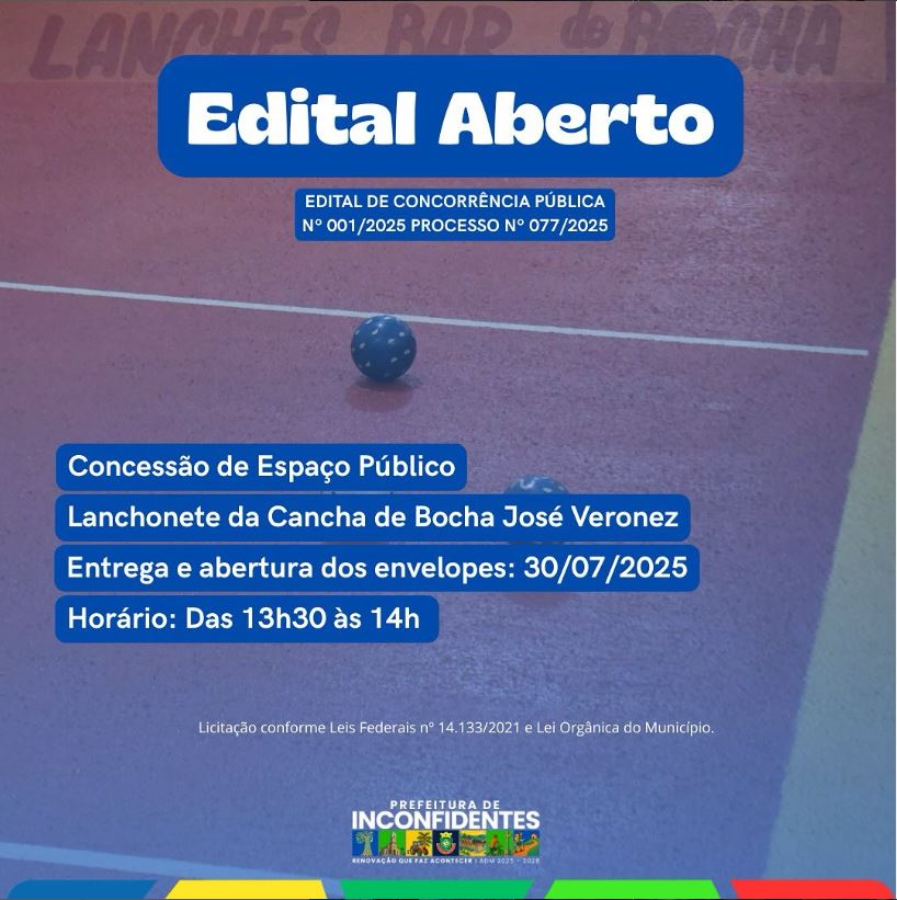 Prefeitura de Inconfidentes abre concorrência pública para concessão da Lanchonete da Cancha de Bocha