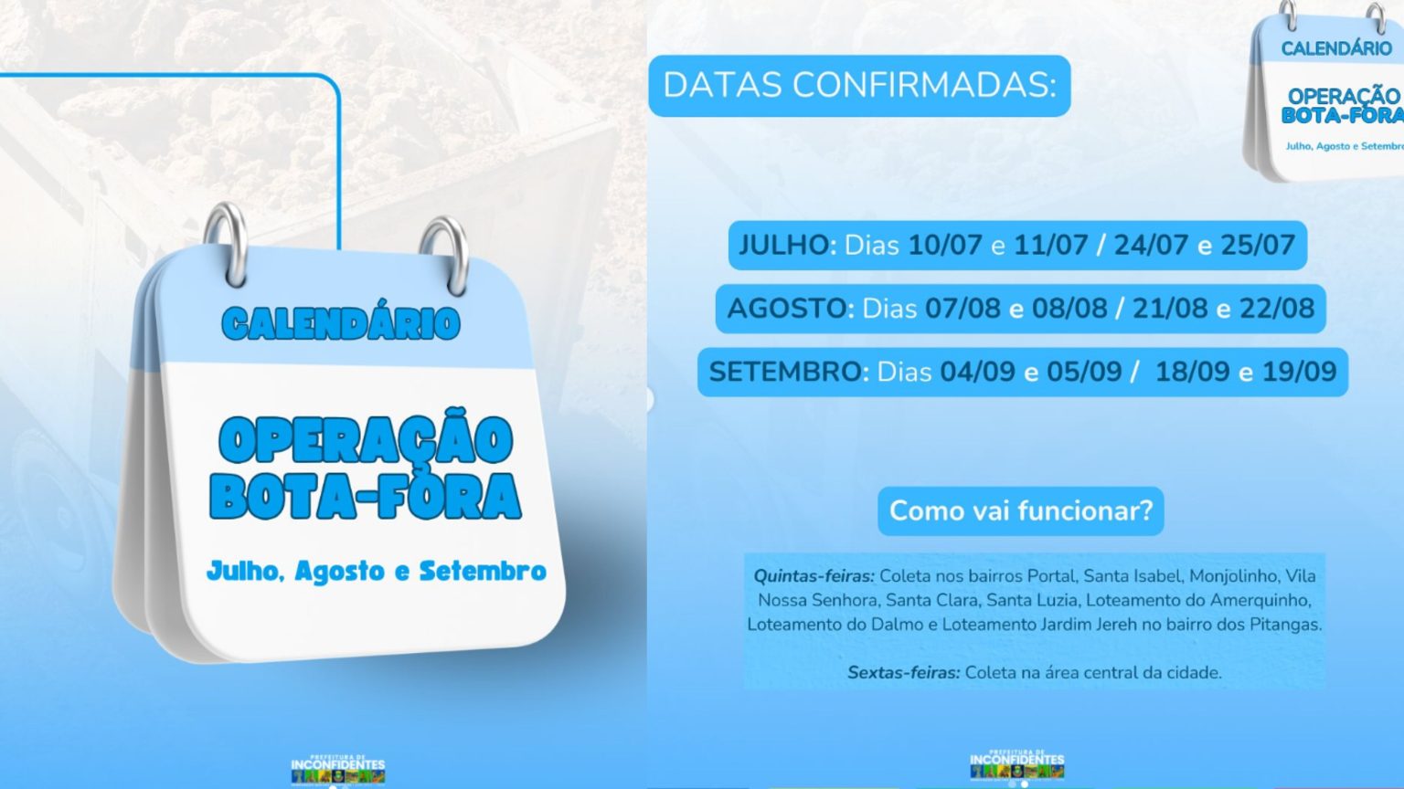 Prefeitura de Inconfidentes divulga calendário da Operação Bota-Fora para os próximos meses